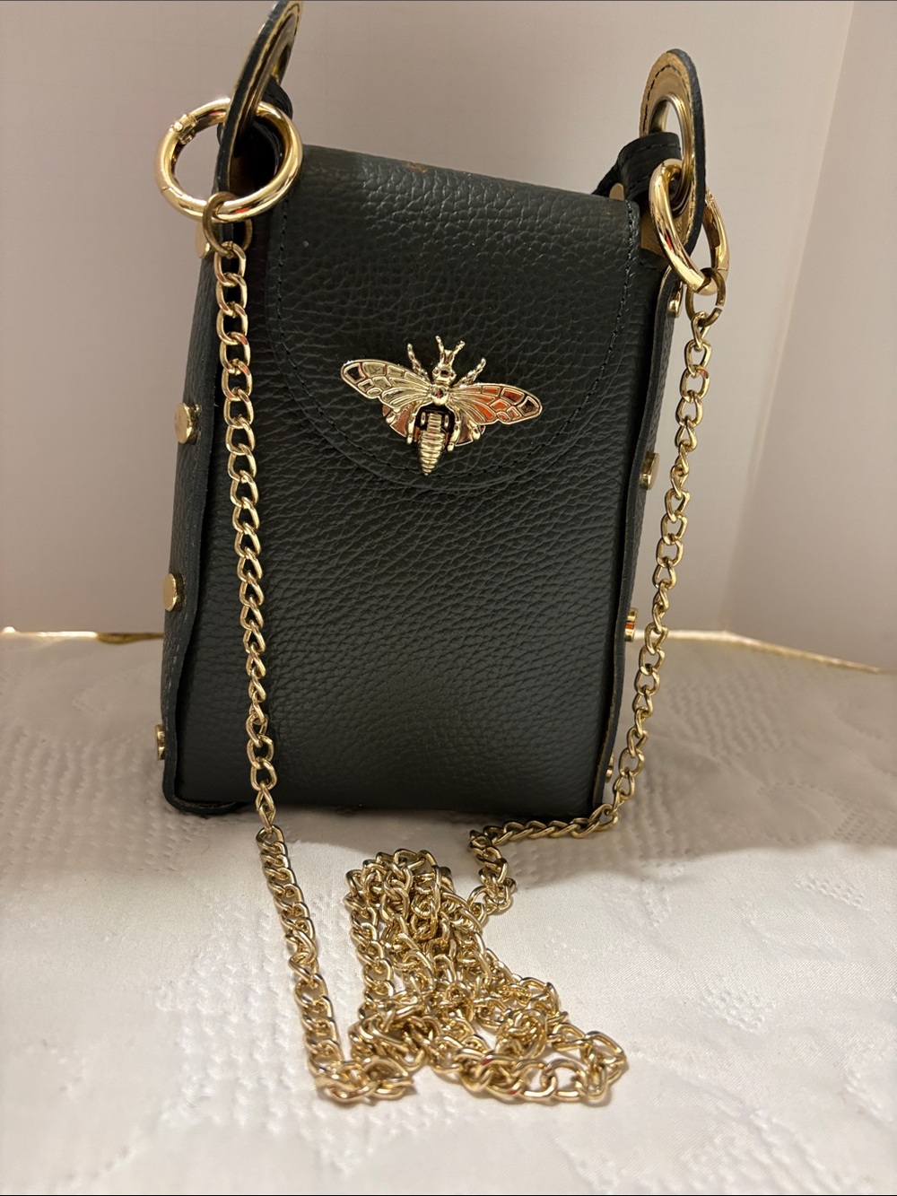 Vera Pelle Olive Green Leather Crossbody Bag with Beige Interior, made in Italy - Picture 4 of 16